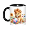 Tasse à café en céramique avec joli design de lionceau aquarelle, anse noire, tasse de bureau. - Style 10