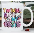 White ceramic coffee mug with cute butterfly and bestie text print, ideal for office use. - 301-400ml / Style 7