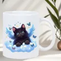 Weisse Keramik Kaffeetasse mit niedlichem schwarzem Katzen Design, ideal fuer Office. - 301-400ml / Stil 10 (Schwarze Katze Engel)