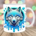 Detailansicht der weißen Keramiktasse mit auffälligem blauen Wolf Motiv im modernen Stil. - 301-400ml / Stil 4 (Wolfskopf)