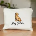Weisse Leinwand Kosmetiktasche mit Reissverschluss und niedlichem Golden Retriever Druck. - Golden Retriever Muster