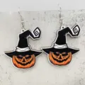 Halloween pumpkin witch hat wooden earrings spooky festive drop dangling jewelry for women parties - Pumpkin Wizard Hat Style (JE1429J)