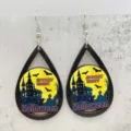 Halloween Holz Tropfen Ohrringe mit gruseligem Schloss Motiv, festlicher Modeschmuck. - Spooky Party Schloss Stil (JE1429X)