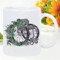 White ceramic coffee mug detail showcasing a unique floral wheelchair art print for office use. - 301-400ml / Style 2