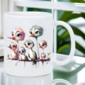 Gedetailleerd uitzicht op een witte keramische koffiekop met een schattig cartoon vogelontwerp. - Stijl 4