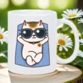 Taza de café de cerámica blanca con linda ilustración de gato de dibujos animados, ideal. - Estilo 8