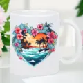 White ceramic coffee mug featuring a heart-shaped tropical beach and floral print design. - 301-400ml / Style 7
