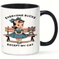 Ceramic coffee mug with funny vintage cat and girl graphic design, black handle and rim, 90 - Retro Girl and Cat Style
