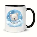 Ceramic coffee mug with cute sleeping bear print, black handle and rim, office gift cup. - Little White Bear Style