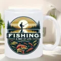 White ceramic coffee mug detail showing vintage fishing graphic print and comfortable handle design - Style 2