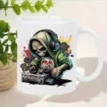 Detailed shot of white ceramic coffee mug featuring cool skull DJ graphic illustration. - Skeleton DJ Style