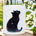 Taza de café de cerámica blanca con un diseño de gato negro estrellado para la oficina. - Gato Noche Estrellada