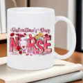 White ceramic coffee mug detail view, featuring cute nurse Valentine print design. - Nurse Valentine Style