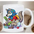 Taza de café de cerámica blanca con linda ilustración de lobo, ideal para oficina y hogar. - Lobo de dibujos animados