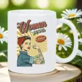 White ceramic coffee mug with vintage women power graphic design for office and home use. - Style 4