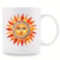 Ceramic coffee mug detail featuring colorful artistic sun face graphic for daily office use. - Sun Face Emboss Style