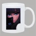 Taza de café de cerámica blanca con elegante ilustración de chica anime y gato negro. - Chica Anime