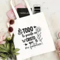 Borsa shopper in tela bianca con citazione motivazionale, grafica farfalla e fiore, borsa. - 42cm*35cm / Stile di scrittura spagnolo