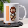 White ceramic coffee mug with cute cartoon Jesus illustration and orange stripe, perfect for office. - 15