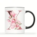 Personalisierte Keramik Kaffeetasse mit Buchstabe X und rosa Blumen Design fuer das Buero. - Buchstabe X