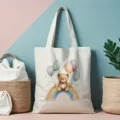 Canvas shopper tas met schattige aquarel beer regenboog print, casual stijlvolle schoudertas. - Beer Ballon Illustratie Stijl