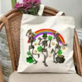 Leinwand-Tragetasche mit Skelett- und Regenbogen-Druck, lässige Alltagstasche für Damen. - 42cm*35cm / Totenkopf-Druck