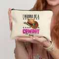 Canvas zipper cosmetic pouch with cowboy hat print travel makeup bag daily organizer. - Style 12