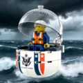 Detailed view of the coast guard capsule building block set with minifigure in stormy sea scene. - Coast Guard