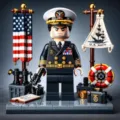 Detailed view of military building block officer figure with display base and flags. - Military Building Block 1
