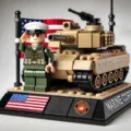 Military building block set featuring tank minifigure and US Marine display base toys - Marine Corps