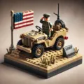 Military block jeep set with soldier minifigure, American flag and display base for kids toys. - Army