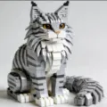 Detailed close-up view of a grey tabby cat building block model with realistic eyes. - Grey Maine Coon Building Blocks