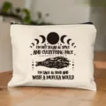 Canvas cosmetic bag detail, beige makeup pouch with moon phase and sage print, zipper closure. - Style 14