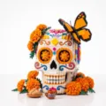 Detail shot of the Day of the Dead sugar skull brick set featuring marigolds and butterfly. - Day of the Dead Skull / 1330 Pieces