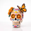 Detailed view of Mexican Day of the Dead skull building blocks toy with butterfly decor. - Day of the Dead Skull (569 Particles)