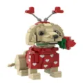 Cute heart puppy building block variant, creative interlocking toy figure with rose gift. - Valentine Golden Retriever