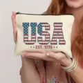 Canvas makeup bag with USA retro text print, zipper closure, portable student storage pouch. - Style 6