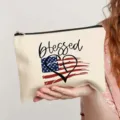 Canvas makeup bag featuring patriotic American flag heart and blessed print design with zipper. - Style 10