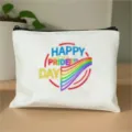 Weißer Kosmetikbeutel aus Segeltuch mit buntem Regenbogen-Pride-Print und Reißverschluss. - Stil 14