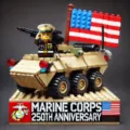 Detailed close-up shot of military armored vehicle building blocks with custom base - US Military Amphibious Assault Vehicle Building Block