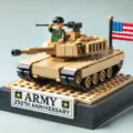 Military tank building blocks set with minifigure soldier, US flag and display base. - US Military Building Block Two