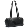 Black leather crocodile pattern elongated shoulder bag, stylish Boston pillow handbag for women. - Black
