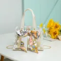 Transparent jelly handbag with woven straw inner bag, daisy pattern and silk scarf. - White