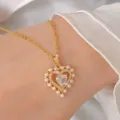 Detailed shot of Korean fashion double heart pearl crystal necklace, elegant gold clavicle chain. - Gold