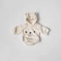Close-up of fluffy baby bear romper detail, soft cream fleece fabric with cute ears. - 66cm / Set / Beige Apricot