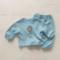 Toddler girls ribbed tracksuit set with cute daisy embroidery, comfy casual outfit. - 73cm / Sky Blue