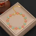 Gold titanium steel four leaf clover bracelet with colorful pink and blue zircon stones for women - Gold Color Rhinestone 2