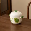 Bol à ragoût en céramique peint à la main avec couvercle, motif de poire verte, 550ml. - Glaçure Blanc Lait Poire Verte / Pot à Mijoter 6 Pouces