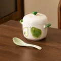 Marmite en céramique de 6 pouces avec cuillère, motif de poire verte peinte, capacité de 550ml. - Glaçure Blanc Lait Poire Verte / Pot à Mijoter 6 Pouces avec Cuillère