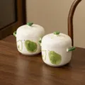 Cocotte céramique peinte à la main, poignées et couvercle double, joli motif poire, 550ml. - Glaçure Blanc Lait Poire Verte / Lot de 2 Pot à Mijoter 6 Pouces